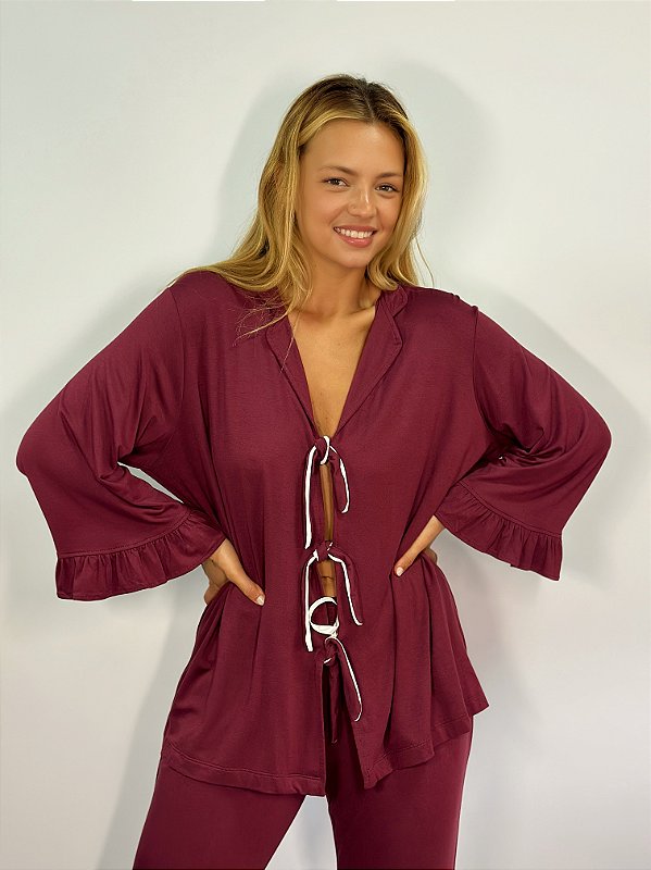 CONJUNTO DE PIJAMA FEMININO LONGO STELLA | BORDO #SALE