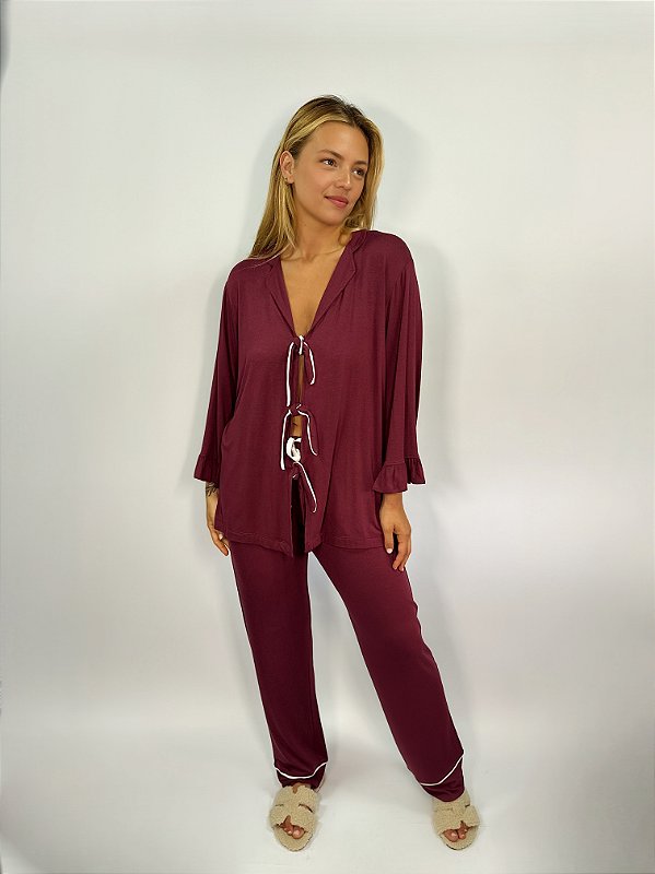 CONJUNTO DE PIJAMA FEMININO LONGO STELLA | BORDO #SALE