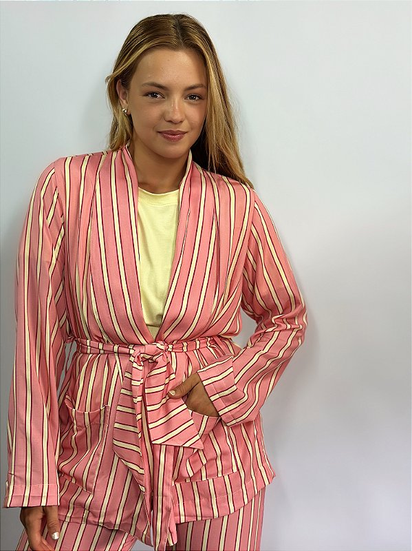 CONJUNTO DE PIJAMA FEMININO LONGO CLARISSE COM 3 PEÇAS | VISCOSE LISTRADO