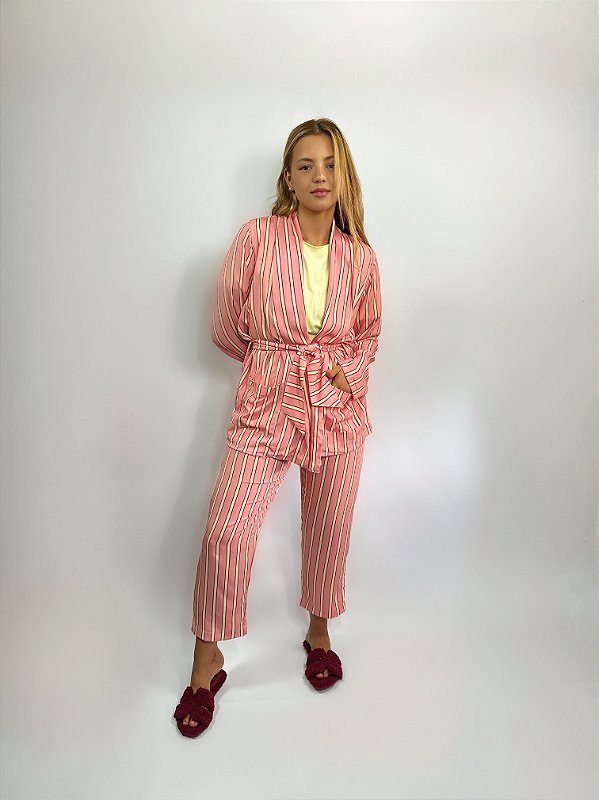 CONJUNTO DE PIJAMA FEMININO LONGO CLARISSE COM 3 PEÇAS | VISCOSE LISTRADO