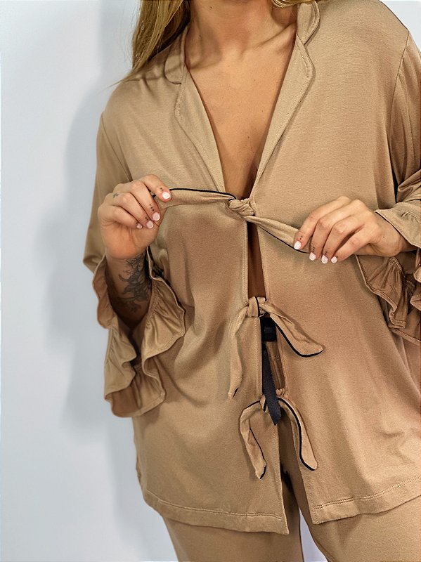 CONJUNTO DE PIJAMA FEMININO LONGO STELLA | BEGE #SALE