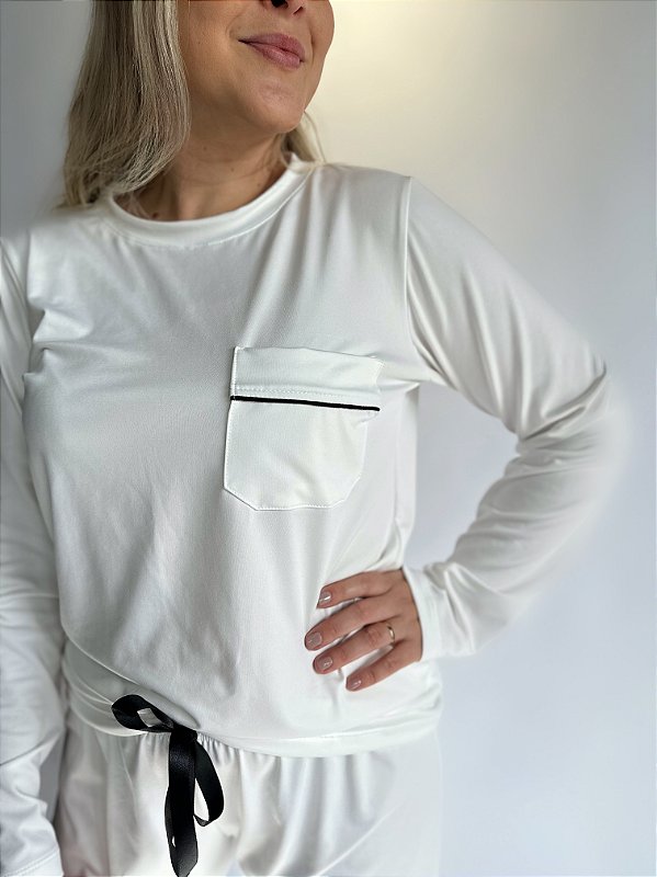 CONJUNTO DE PIJAMA FEMININO LONGO PELUCIA | BRANCO #SALE