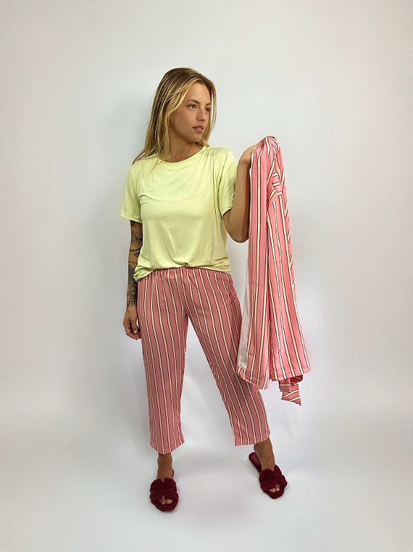 CONJUNTO DE PIJAMA FEMININO LONGO CLARISSE COM 3 PEÇAS | VISCOSE LISTRADO
