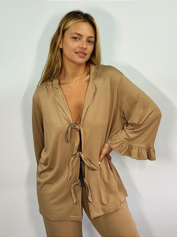 CONJUNTO DE PIJAMA FEMININO LONGO STELLA | BEGE #SALE