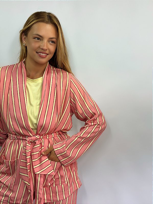 CONJUNTO DE PIJAMA FEMININO LONGO CLARISSE COM 3 PEÇAS | VISCOSE LISTRADO
