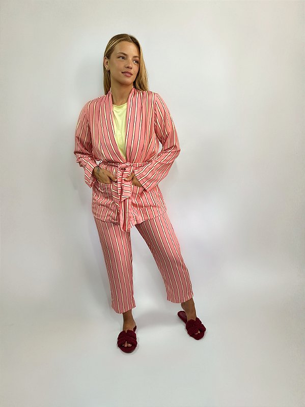 CONJUNTO DE PIJAMA FEMININO LONGO CLARISSE COM 3 PEÇAS | VISCOSE LISTRADO