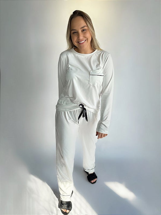 CONJUNTO DE PIJAMA FEMININO LONGO PELUCIA | BRANCO #SALE