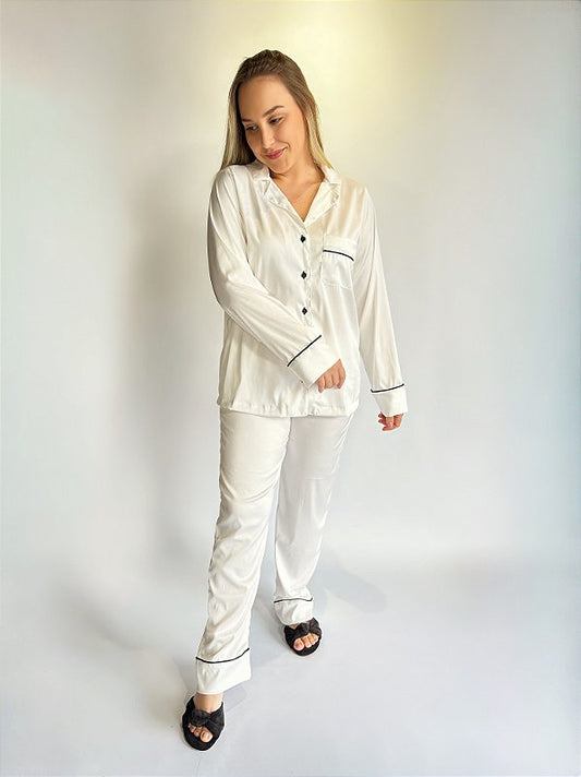 CONJUNTO DE PIJAMA FEMININO LONGO SAFIRA | BRANCO #SALE